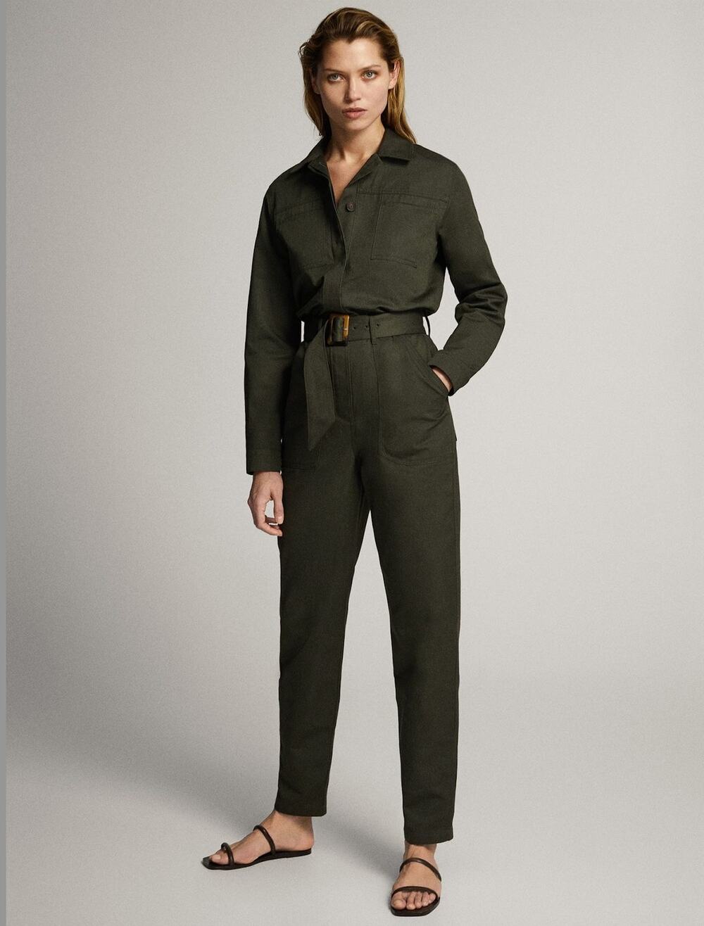 Massimo Dutti Khaki Utility Jumpsuit in Olive Green Size Small Linen Blend